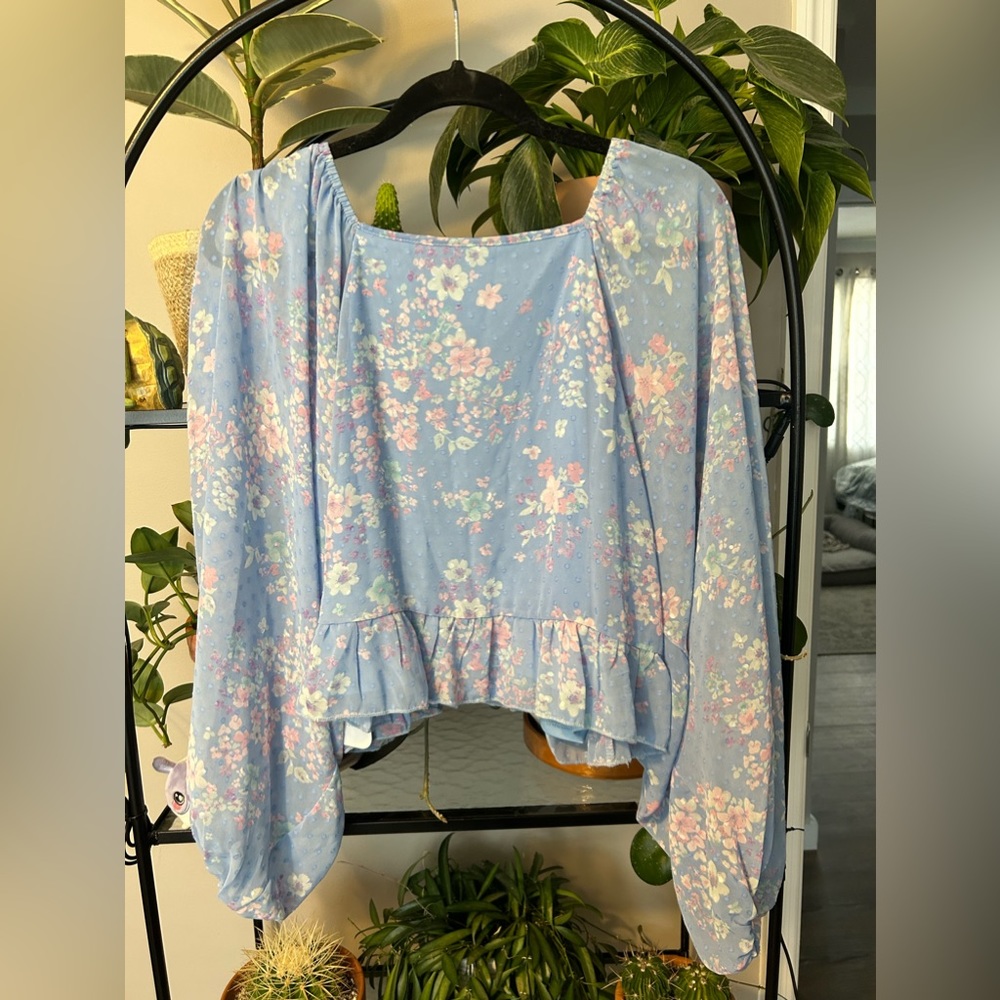 Blue cropped floral blouse
